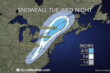  A preliminary AccuWeather.com graphic of expected snowfall between Tuesday and Wednesday night.  