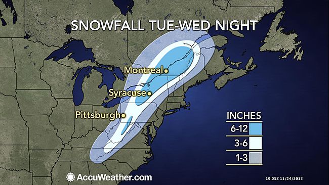  A preliminary AccuWeather.com graphic of expected snowfall between Tuesday and Wednesday night.  