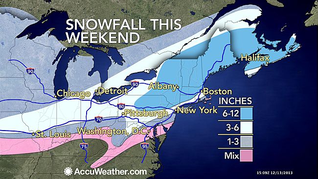  The AccuWeather.com depiction of the storm impacts: reduced snowfall amounts from north to south. 