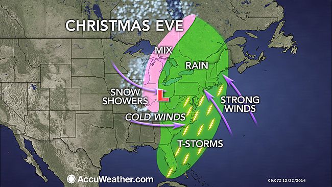  A storm system will move north from the Gulf of Mexico Tuesday night, delivering stormy conditions and a surge of warm air along the Eastern Seaboard. (Image: AccuWeather.com) 