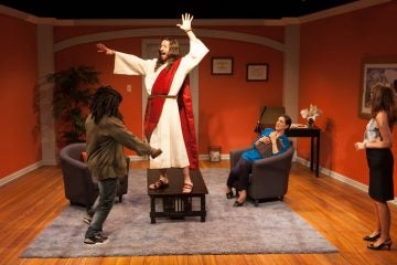  In InterAct Theatre Company's production of 'The Three Christs of Manhattan,' from left: Akeem Davis, Dan Hodge, Leah Walton and Judith Lightfoot Clarke.  