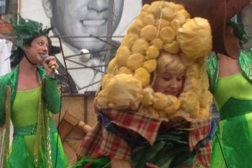  Mary Tuomanen as an ear of corn and to her left, Kristen Bailey, in the Bearded Ladies Cabaret production of 'Bitter Homes & Gardens.' (Photo courtesy of Howard Shapiro)  