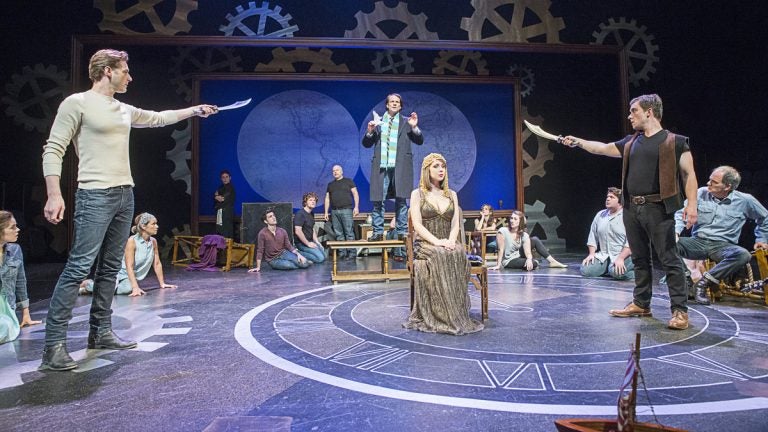  In the Pennsylvania Shakespeare Festival production of 'Pericles,' Christopher Patrick Mullen as Pericles, standing, center, addresses the King while Spencer Plachy, left, and Peter Danelski, right, prepare to execute the King’s command as his daughter, played by Ally Borgstrom, awaits her fate. (Photo courtesy of Lee A. Butz) 