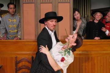  Jed Peterson as Zorro and Elisa Pupko (both center) with (from left) Mark Edward Lang, James Rana, Suzanne Dawson, Evan Smilyk, and Mark Lazar behind, in East Lynne Theater Company's production of 'Zorro!' (Photo courtesy of Gayle Stahlhuth)  