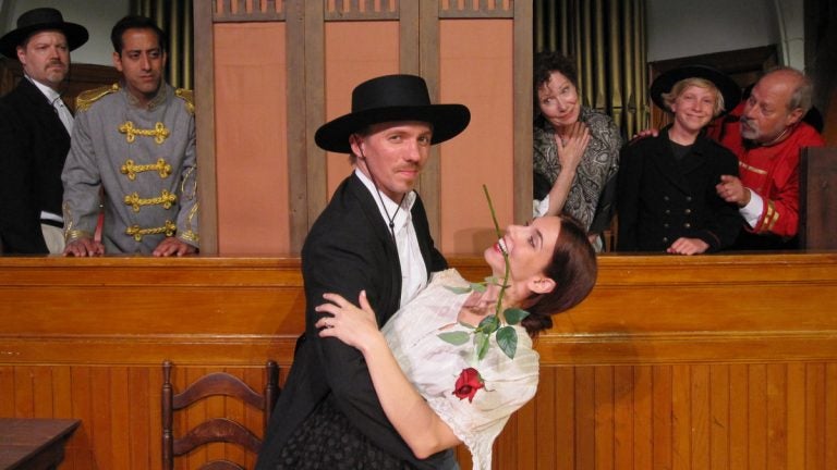  Jed Peterson as Zorro and Elisa Pupko (both center) with (from left) Mark Edward Lang, James Rana, Suzanne Dawson, Evan Smilyk, and Mark Lazar behind, in East Lynne Theater Company's production of 'Zorro!' (Photo courtesy of Gayle Stahlhuth)  