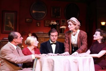  Around the seance table, left to right: Thomas Grube, Isabella Knight, Julian Elfer, Jennifer Harmon and Michelle Eugene, in Cape May Stage's production of 'Blithe Spirit.' (Photo courtesy of Aleksey Photography.) 