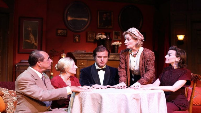  Around the seance table, left to right: Thomas Grube, Isabella Knight, Julian Elfer, Jennifer Harmon and Michelle Eugene, in Cape May Stage's production of 'Blithe Spirit.' (Photo courtesy of Aleksey Photography.) 