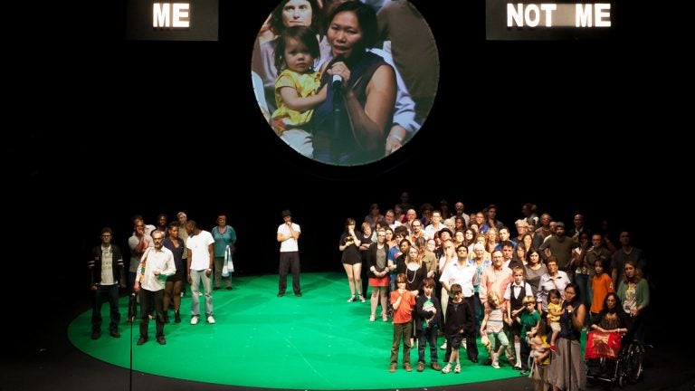  This photo, from the production of '100% London,' shows much the same stage arrangement as in '100% Philadelphia.' Participants divide into groups representing the answers to questions. (Photo courtesy of Tim Mitchell)  