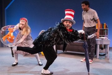  A somewhat crotchety fish, Maggie Johnson, Doug Hara (as the Cat) and Richard Crandle in Arden Theatre Company’s production of 'The Cat in the Hat' by Dr. Seuss. (Photo courtesy of Mark Garvin) 