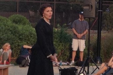  Jessica DalCanton as Olivia in Commonwealth Classic Theatre Company's 'Twelfth Night' opening performance, at the Parkway outside the central Free Library. (Photo courtesy of Howard Shapiro)   