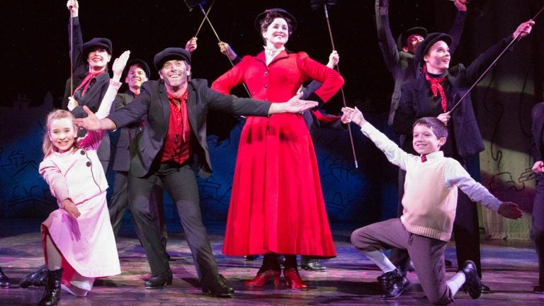  In Walnut Street Theatre's production of 'Mary Poppins,' from left: Cameron Flurry, David Elder (as Bert), Lindsey Bliven (as Mary Poppins) and Jacob Wilner. (Photo courtesy of Mark Garvin) 