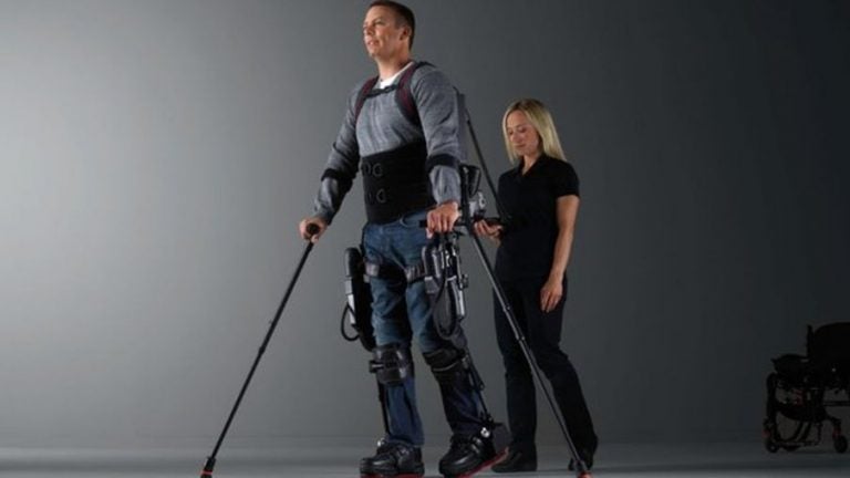  The robotic exoskeleton uses sensors and motors to help people walk again. (Image courtesy of Ekso Bionics) 