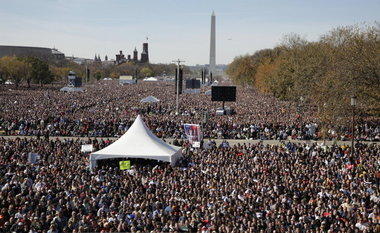  Thousands participate in the Rally to Restore Sanity and/or Fear on the National Mall in Washington, D.C., in 2010 during an event hosted by Stephen Colbert and Jon Stewart. (AP file photo) 