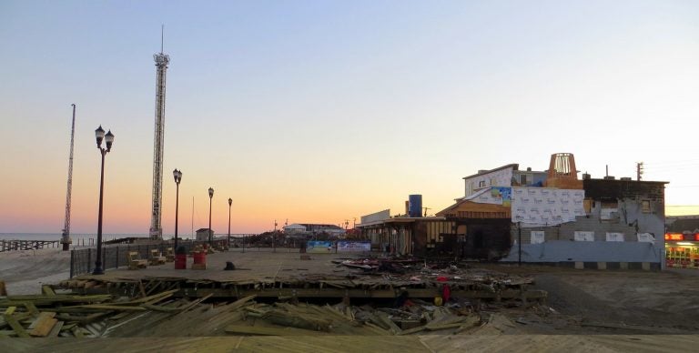  The Sawmill Cafe, the southernmost building on the Seaside boardwalk, is now clearly visible from the trench that was dug at Lincoln Avenue to stop the fire from advancing northward. The numerous buildings that once blocked a clear view to the south have been demolished. JSHN contributor Kevin Michelson snapped this image at sunset on October 21, 2013.  