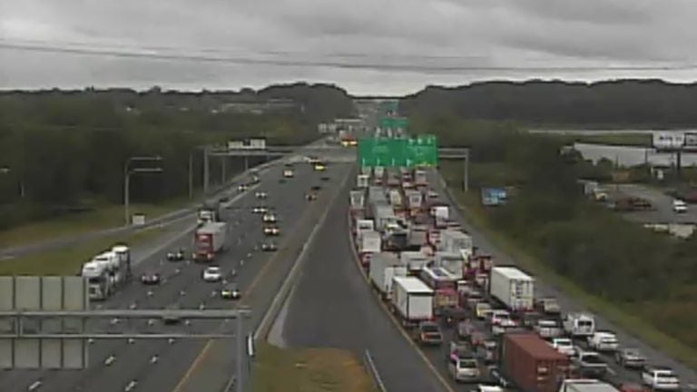  DelDOT's traffic camera shows major delays on southbound I-95 as a result of the crash and fuel spill. (photo courtesy DelDOT) 