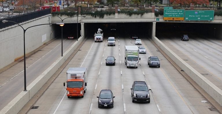 Trucks and cars move northbound on Interstate 95 in Philadelphia.  (Lindsay Lazarski/WHYY) 