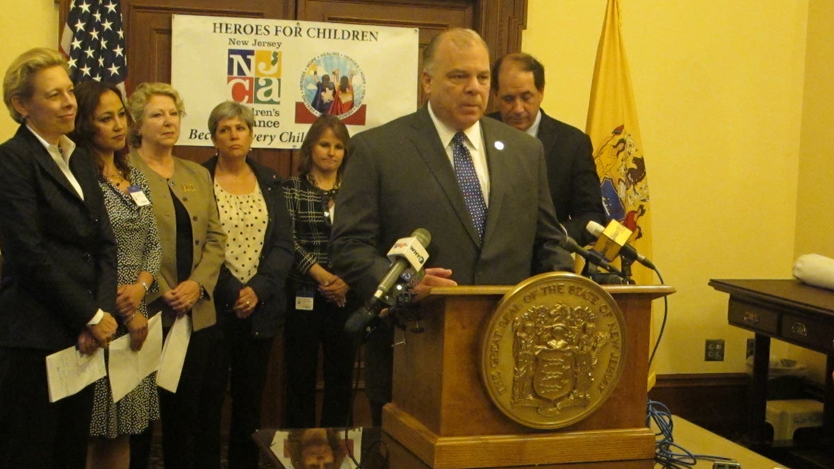 Advocates join New Jersey Senate President Steve Sweeney in urging legislative approval of a measure to expand child advocacy centers statewide.(Phil Gregory/WHYY)
