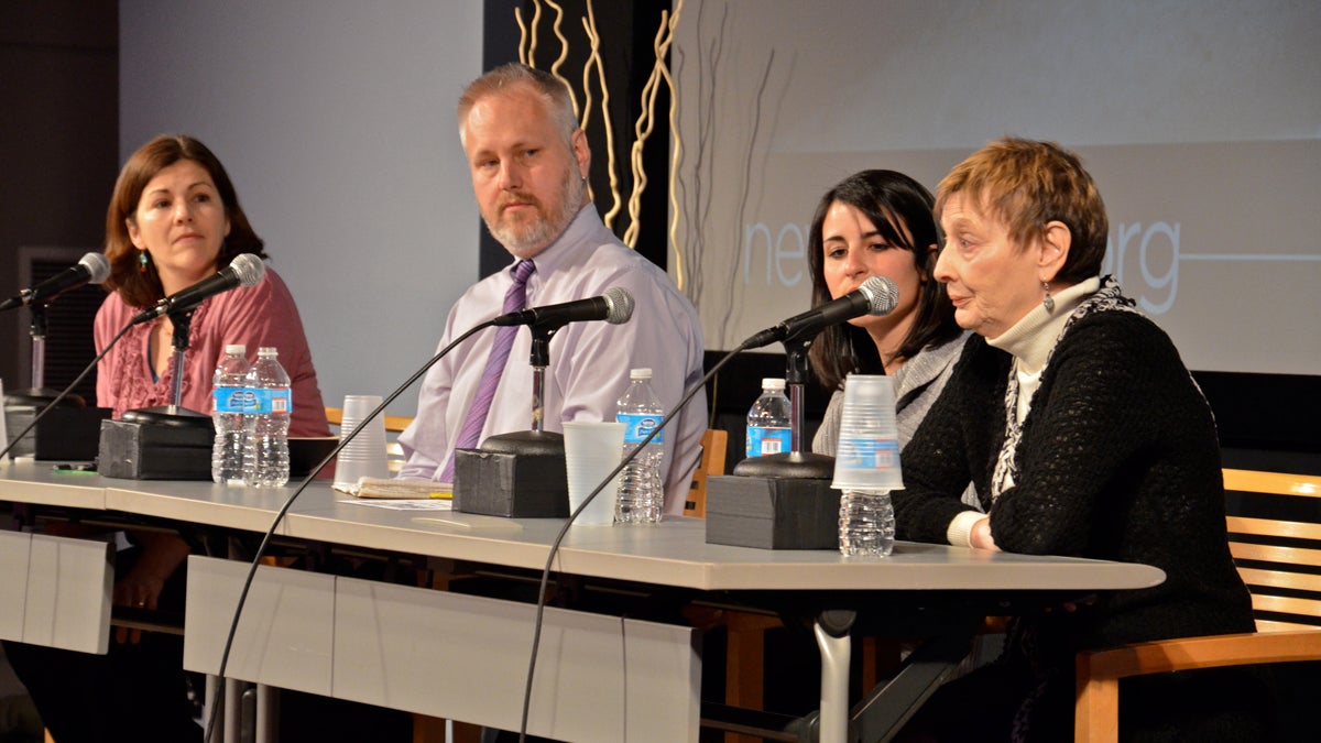  Moderator Maiken Scott and panelists Dr. Robert Winn and Katie Keith look on as health care journalist Trudy Lieberman answers a question from the audience. (Image courtesy of Freedom G Photography) 