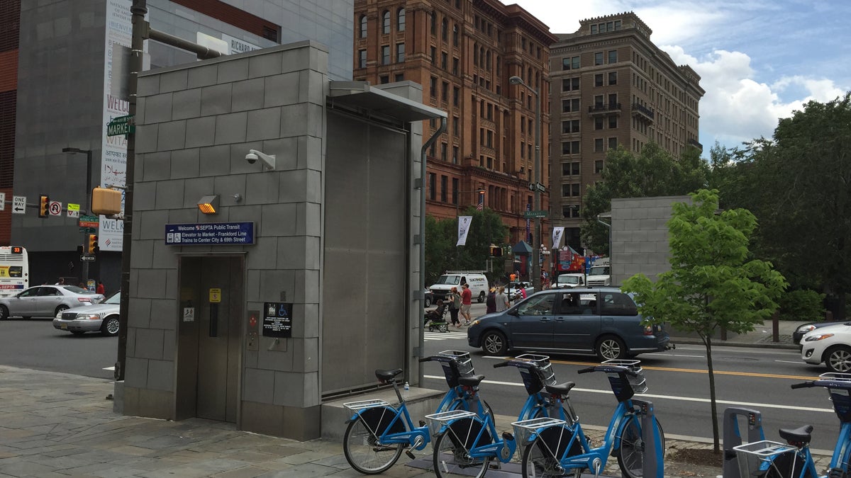  Accessible elevator entrances to the underground Market-Frankford Line are shown at the corner of 5th and Market streets in Philadelphia. (Eric Walter/WHYY) 