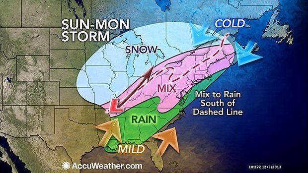  AccuWeather's forecast for the storm for Sunday into Monday. (Image: AccuWeather.com) 