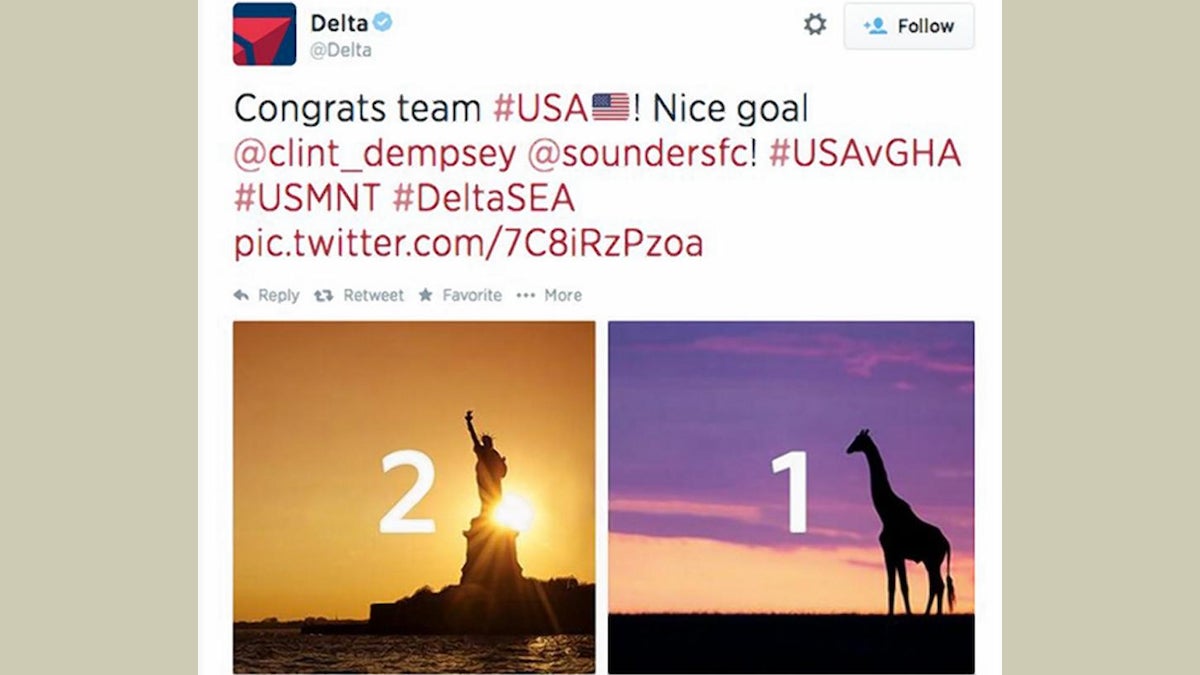  Last month Delta airlines' congratulatory tweet for the US World Cup victory over Ghana caused controversy.  The company later removed the tweet and apologized.  