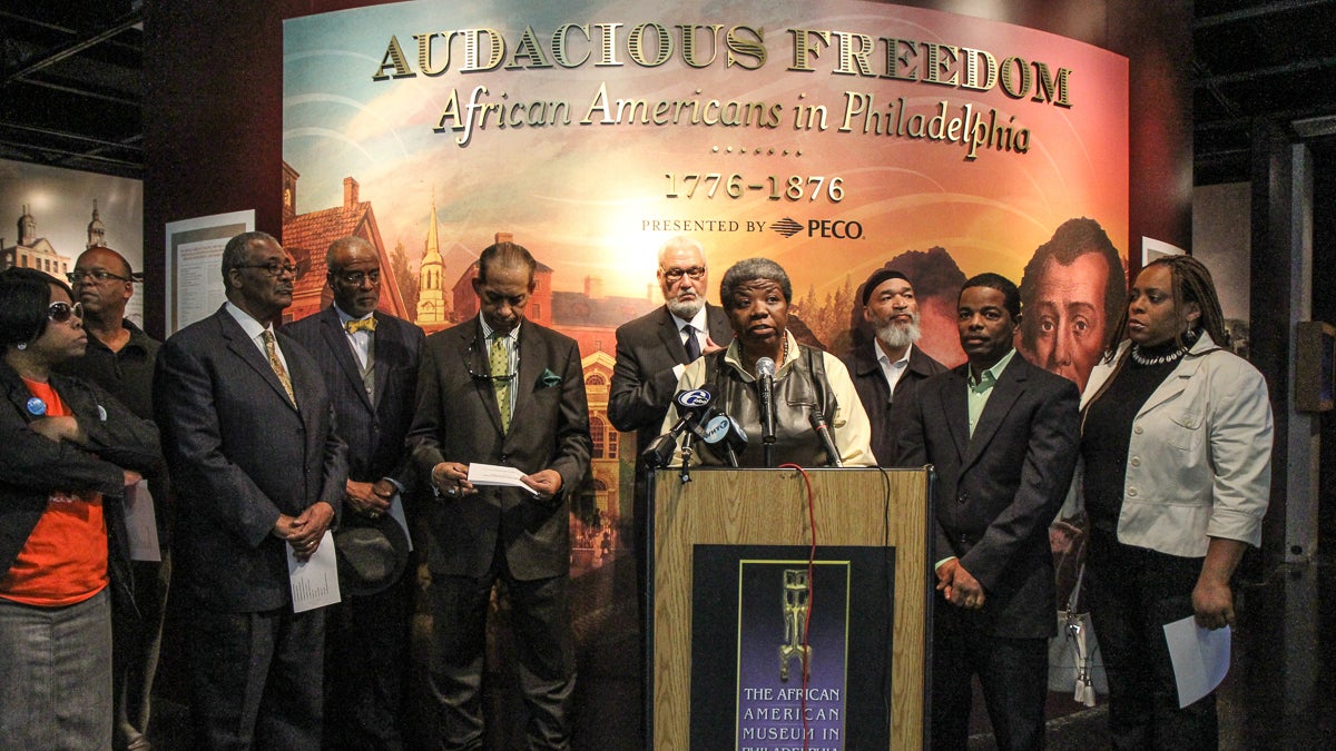  Asia Coney, president of the Resident Advisory Board, and other participants in the Philadelphia Black Political Summit Coalition announce their recommendations to city government at a press conference Wednesday. (Kimberly Paynter/WHYY) 