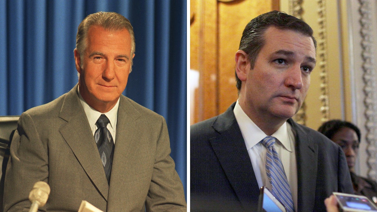  Left: Spiro Agnew is shown on Oct. 15, 1973 after his address to the nation following his resignation as vice President. (AP Photo)  Right: Sen. Ted Cruz (R-Texas) talks to reporters on Capitol Hill in 2014. (AP Photo/Lauren Victoria Burke) 