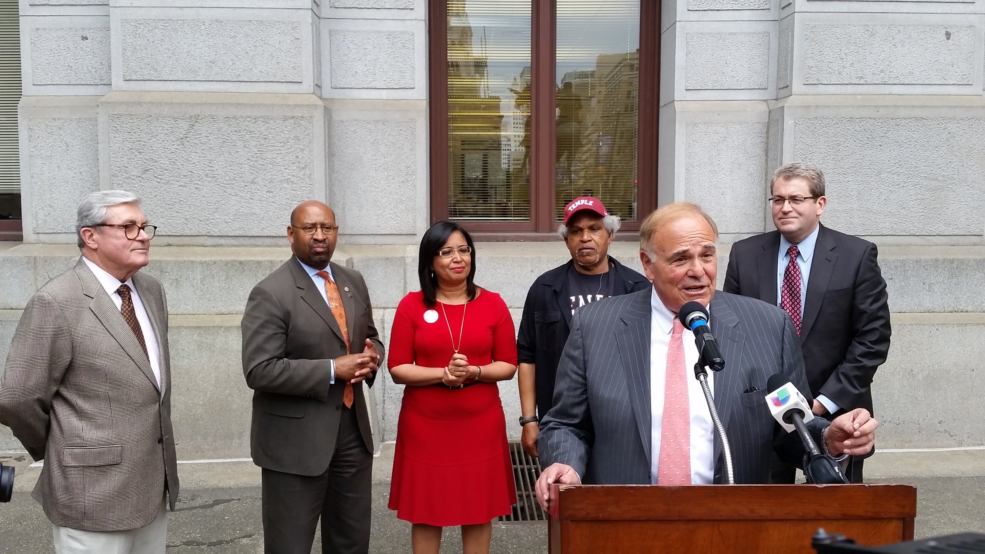  Former Mayor and Governor Ed Rendell speaks to crowd supported by from left:  Former Mayor Bill Green Sr., Mayor Michael Nutter, Councilwoman Sanchez, Former Mayor John Street and Former Councilman Bill Green Jr. 