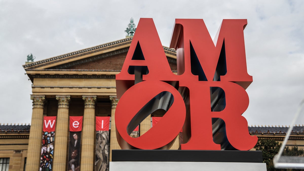 Robert Indiana's sculpture AMOR was installed on the Art Museum steps Tuesday. (Kimberly Paynter/WHYY)
