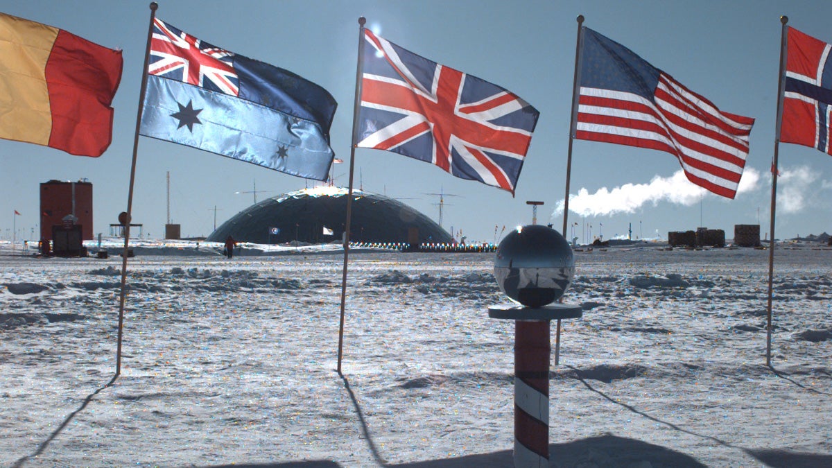  The Ceremonial South Pole is shown in in this public domain image. The dome in the background was dismantled in 2009–2010. 