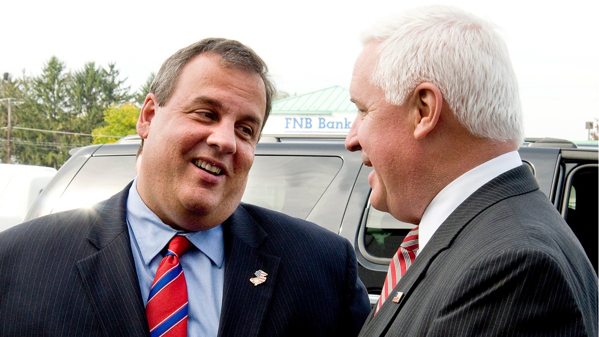  New Jersey Gov. Chris Christie will be in Pennsylvania to campaign with Gov. Tom Corbett. The two are pictured in 2010. (AP file photo/Ralph Wilson 