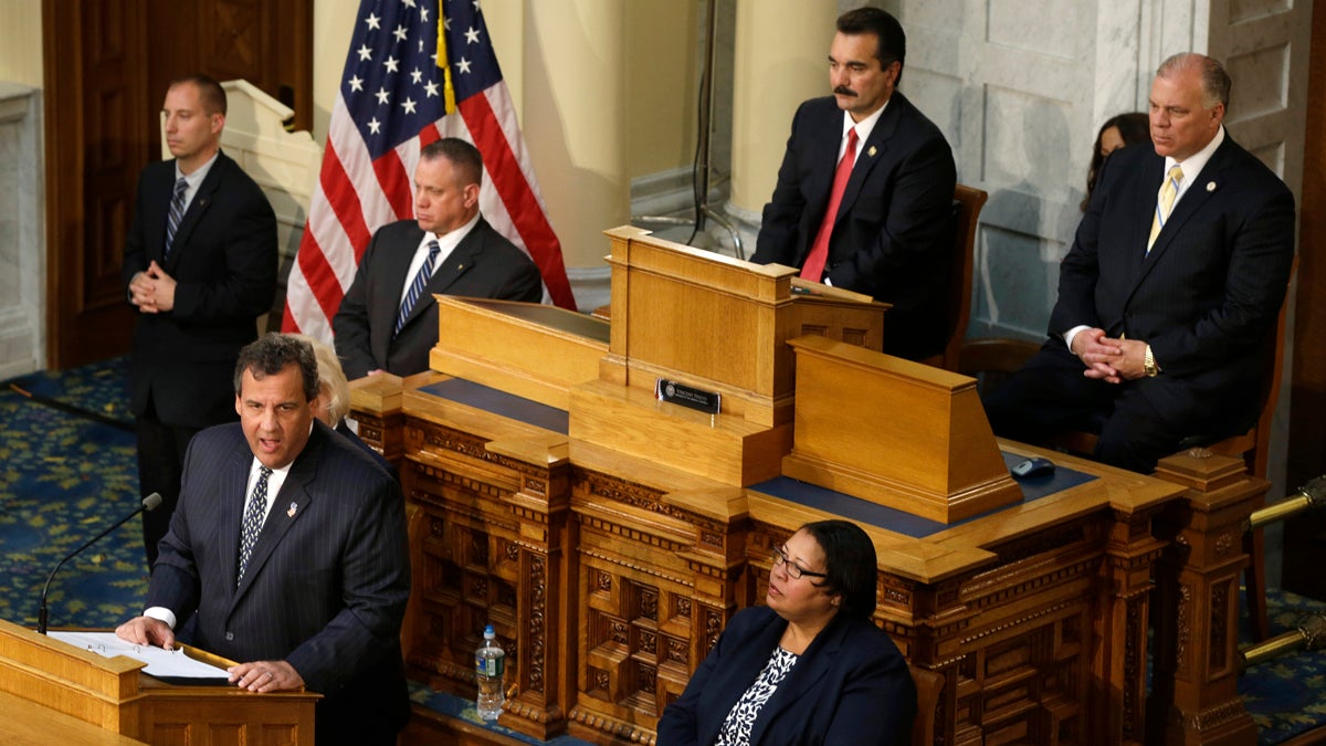  As New Jersey Senate President Stephen M. Sweeney, right,  and Assembly Speaker Vinnie Prieto, second right, listen, Gov. Chris Christie addresses a joint session of New Jersey's Legislature after calling for a special session to work on overhauling New Jersey's bail system Thursday. (AP pPhoto/Mel Evans) 