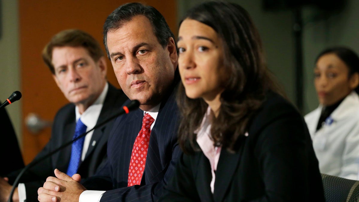  From left, Robert Garrett, head of the Hackensack University Health System, New Jersey Gov. Chris Christie and state Health Commissioner Mary O'Dowd hold an news conference on Ebola last month. (AP file photo) 