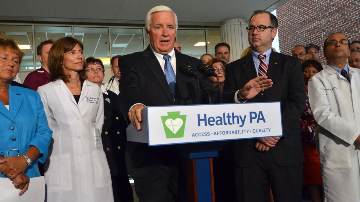  The U.S. government has approved a plan by Gov. Tom Corbett to provide health coverage to an estimated 600,000 Medicaid-eligible Pennsylvanians. Corbett is shown in September introducing his Health PA alternative to Medicaid expansion.(AP file photo) 