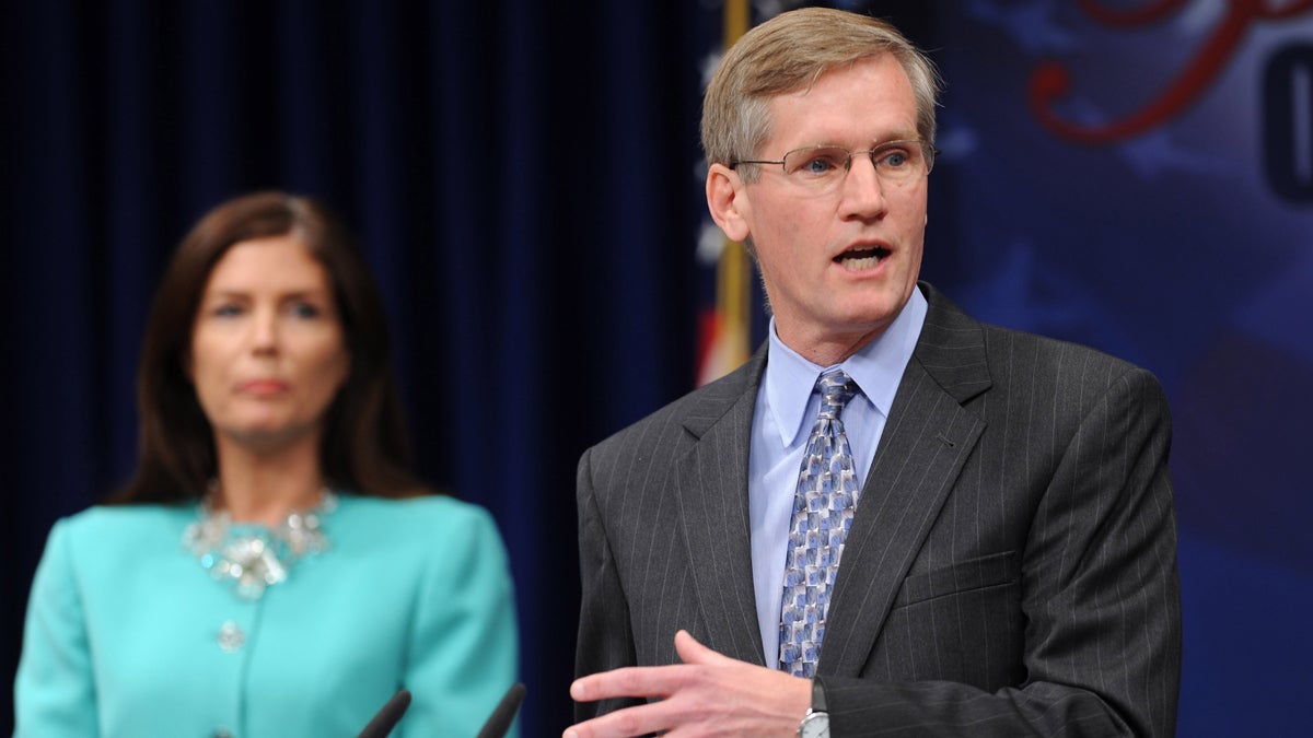  Special Deputy Attorney General  Geoffrey Moulton  speaks at a news conference Monday as Pennsylvania Attorney General Kathleen Kane listens. They released conclusions of a probe into the Jerry Sandusky child-molestation investigation in Harrisburg, Pa.  (AP photo/Bradley C Bower) 