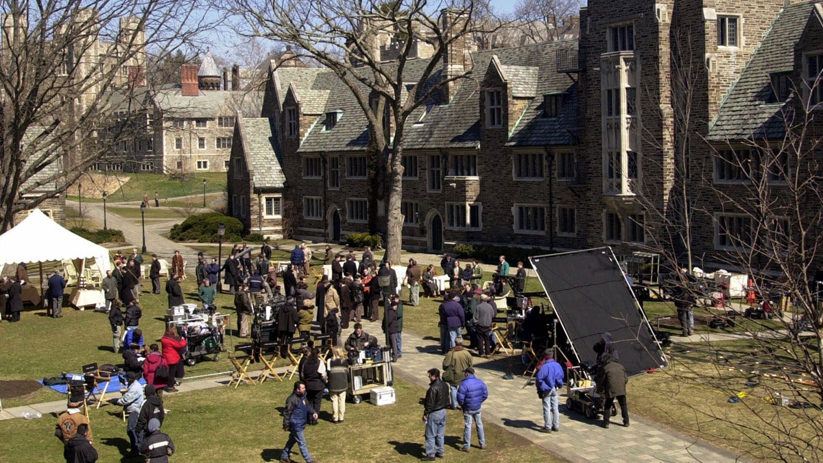  A film crew sets up for an outdoor scene in 'A Beautiful Mind' on the campus of Princeton University in New Jersey. A state lawmaker wants to revive a film-production tax credit to bring more moviemaking to the state.(AP file photo) 