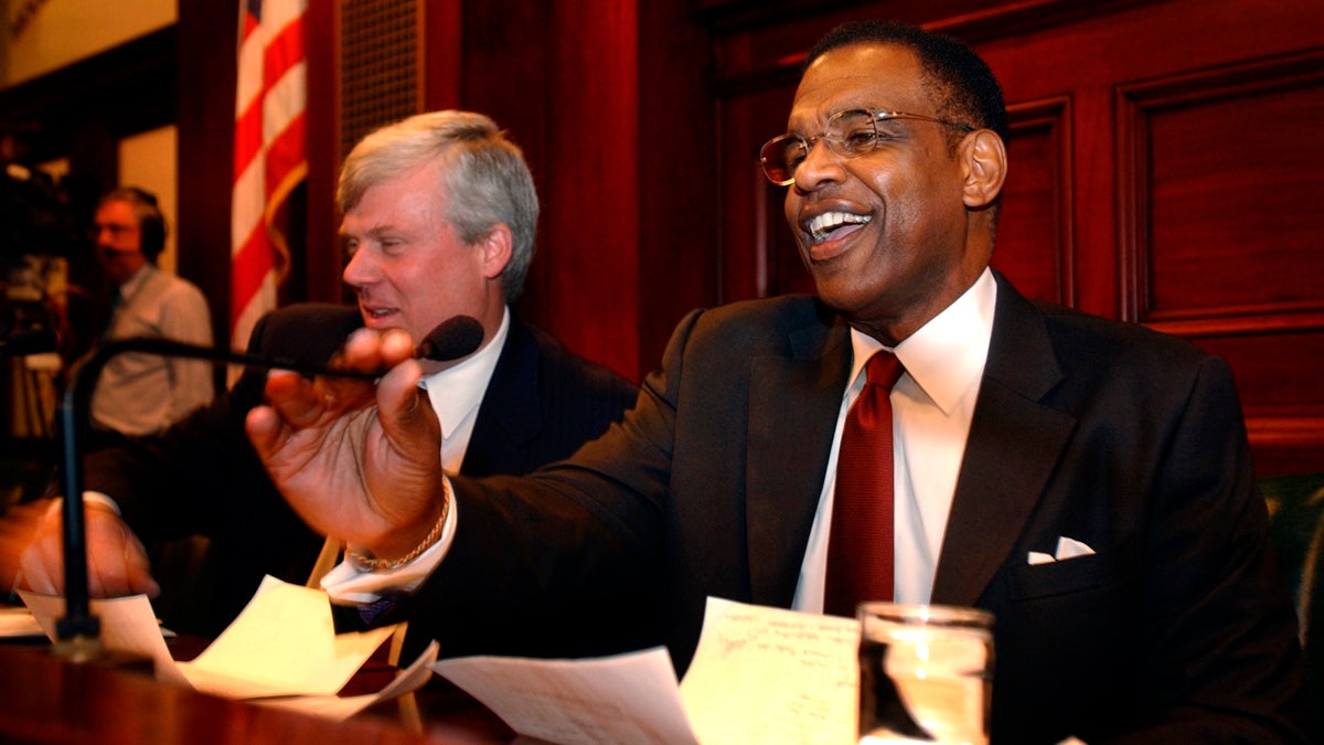  Francis Barnes, right, prepares to answer questions moments before his confirmation hearing as Pennsylvania's education secretary in 2004. Barnes has been appointed receiver of the troubled Chester-Upland School District. (AP file photo) 