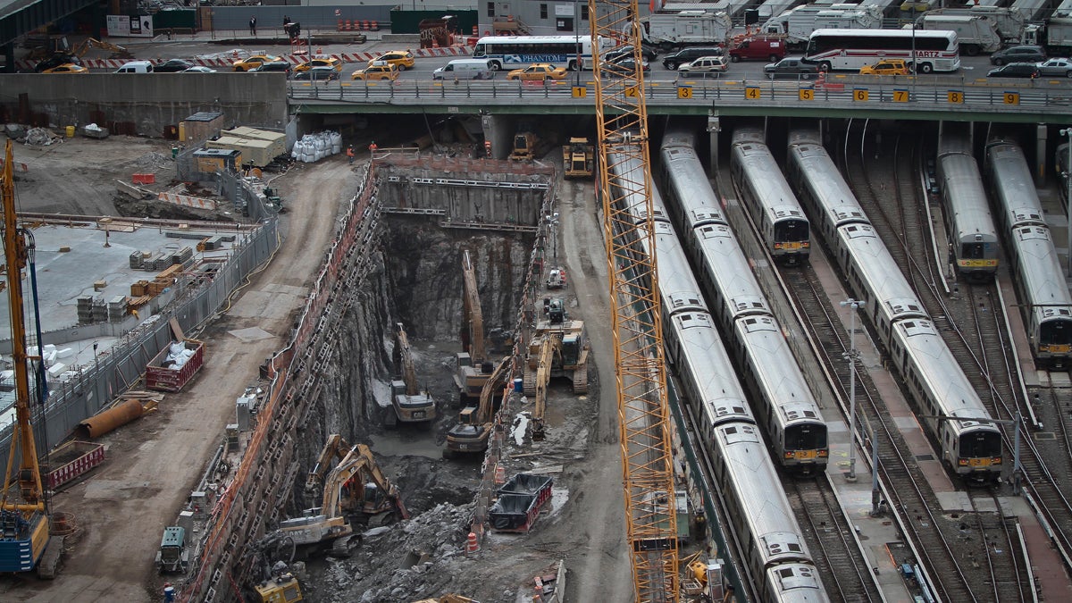  Last year,  construction of a rail tunnel, left, continues at the Hudson Yards redevelopment site on Manhattan's west side in New York. Amtrak is constructing an 800-foot-long concrete box inside the project to preserve space for a tunnel from Newark to New York City that would allow it to double rail capacity across the Hudson River. (AP file photo) 