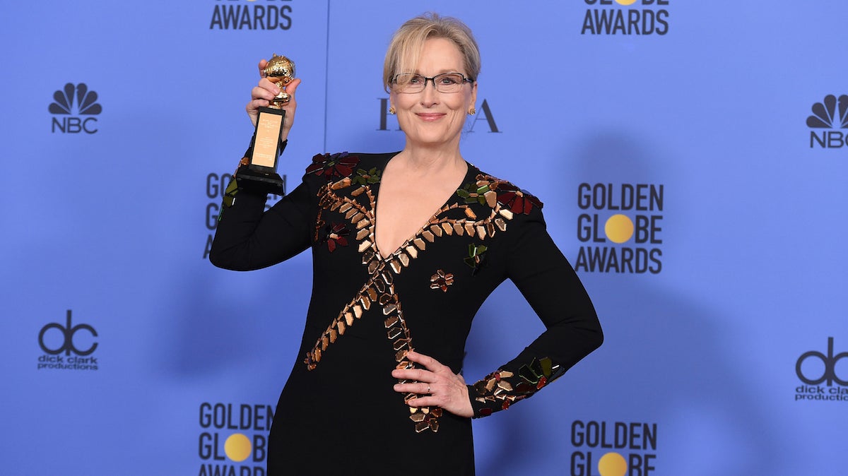 Meryl Streep poses in the press room with the Cecil B. DeMille award at the 74th annual Golden Globe Awards at the Beverly Hilton Hotel on Sunday