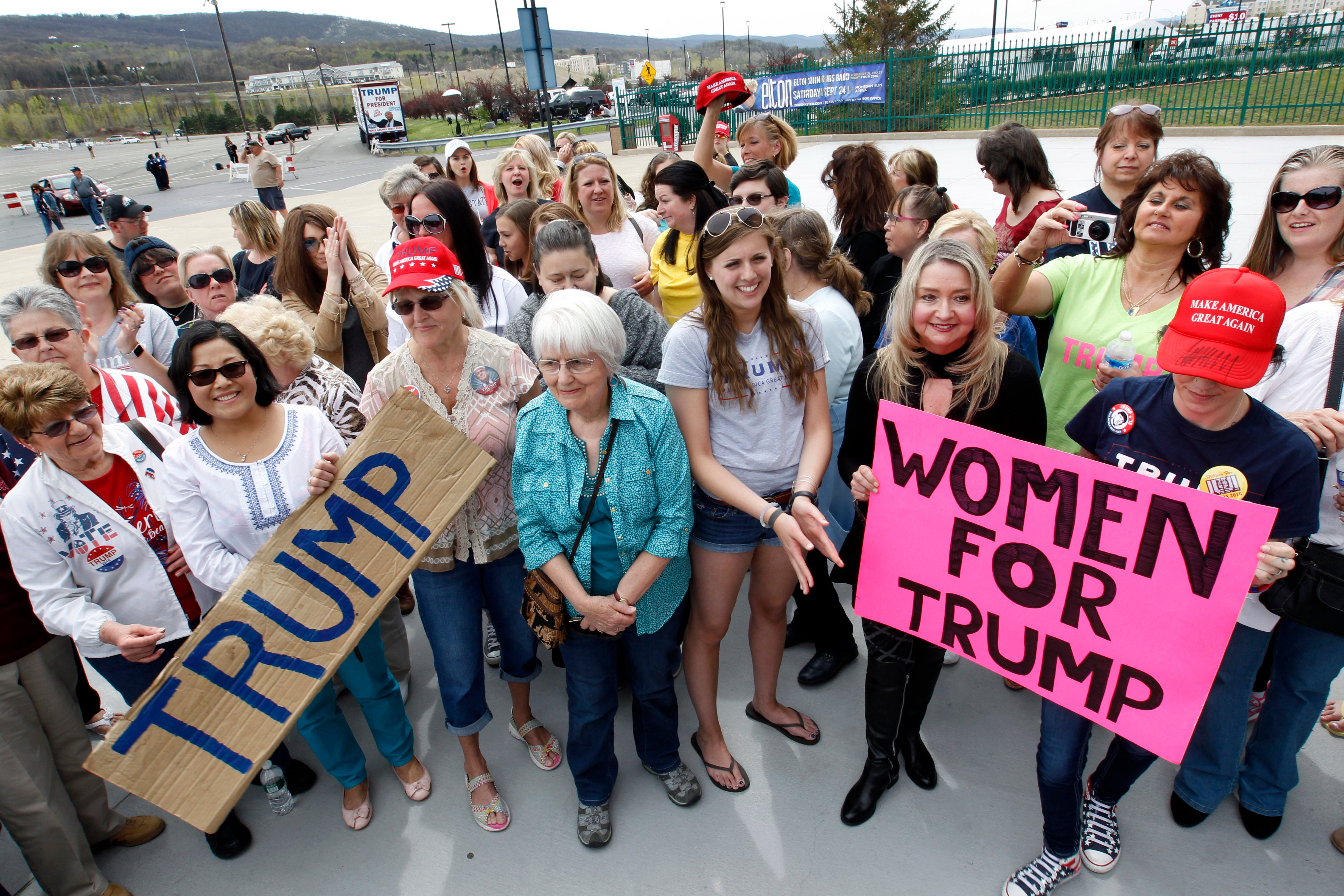 Trump supporters wait outside the candidate's April rally in Wilkes-Barre