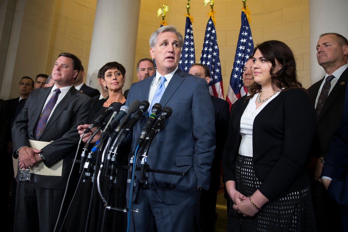  House Majority Leader Kevin McCarthy (R-Calif.) speaks during a new conference on Capitol Hill Thursday, after bowing out of the race to be House Speaker. (AP Photo/Evan Vucci) 