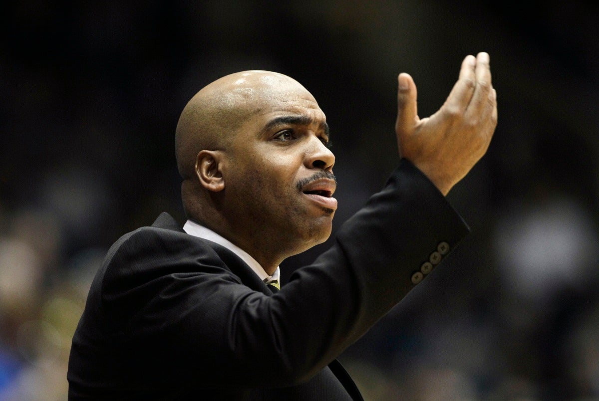 Delaware coach Monté Ross reacts during the first half of an NCAA college basketball game against Duke in Durham