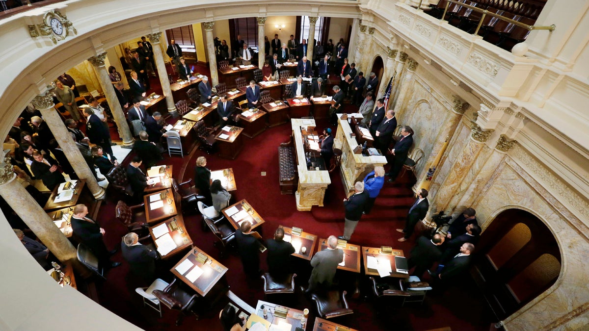  New Jersey state Senators gather as they prepare to vote on overriding Gov. Chris Christie's veto of a bill requiring law enforcement officials to be notified when potential gun buyers seek to have mental health records erased. The Senate voted to override 27-12, with three Republicans joining all the Democrats. The Assembly must still vote on the override for it to take effect. (AP Photo/Mel Evans) 