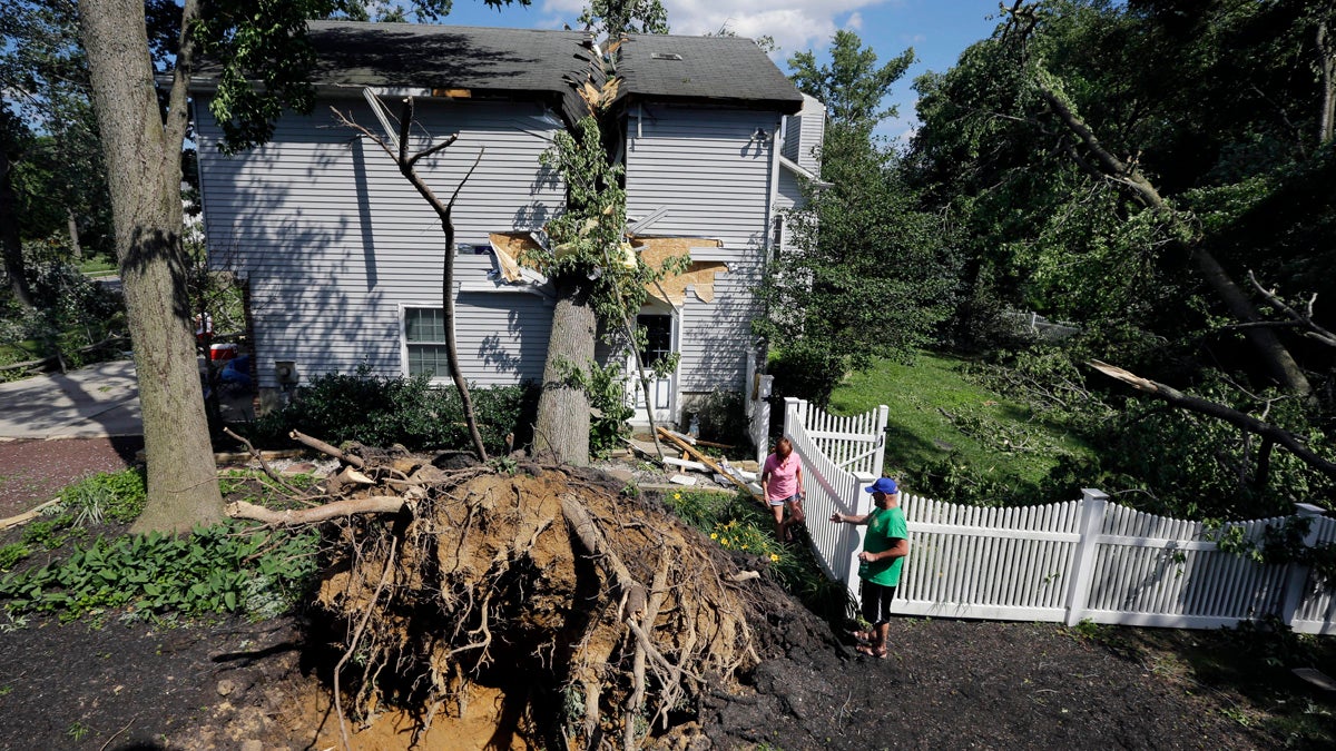 A downed tree that fell on a house