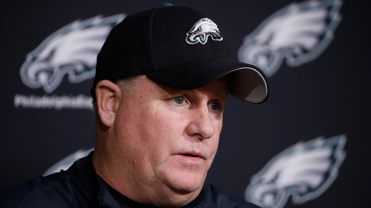  Philadelphia Eagles head coach Chip Kelly speaks with members of the media at the NFL football team's practice facility Monday. On Tuesday, he was fired. (AP Photo/Matt Rourke) 