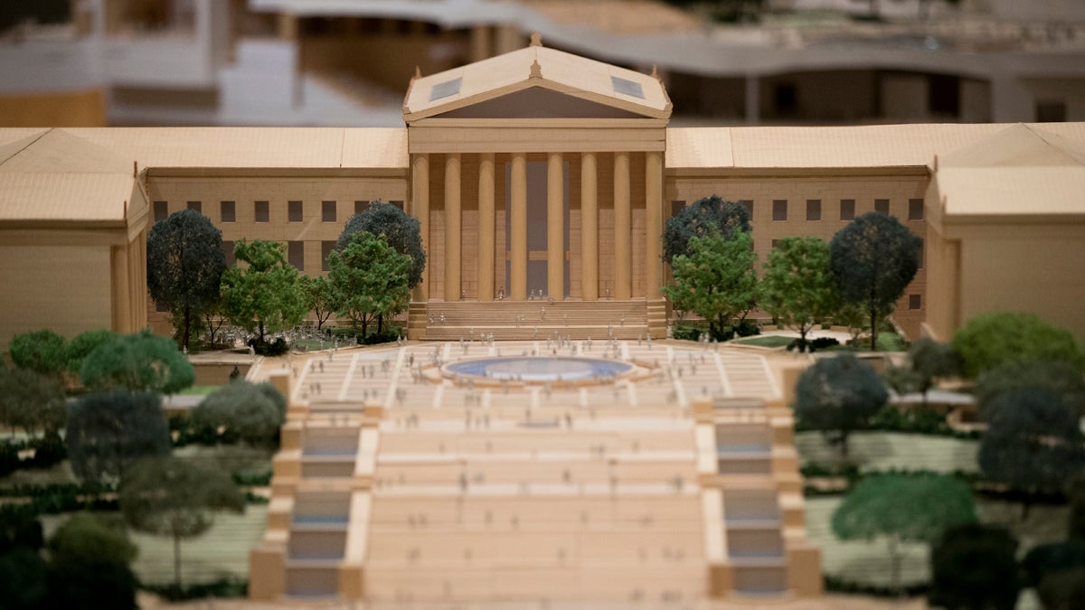  A model that helps illustrate the Philadelphia Museum of Art's master plan is displayed, Thursday, June 26, 2014, in Philadelphia. A massive renovation, designed by renowned architect Frank Gehry, is planned for the Philadelphia Museum of Art that will result in little change to the building's Greek revival facade but a major expansion of gallery space. (Matt Rourke/AP Photo) 