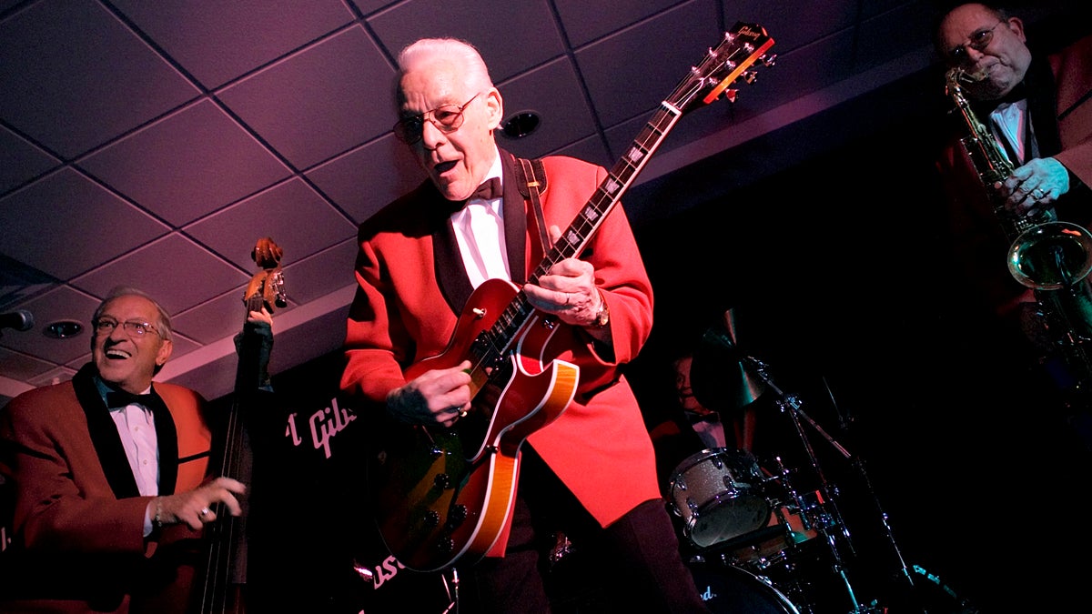  This March 21, 2005 file photo shows members of The Comets, from left to right, Marshall Lytle, Franny Beecher, and Joey Ambrose. Beecher, lead guitarist for Bill Haley and the Comets, which helped kicked off the rock and roll era with the iconic hit “Rock Around the Clock” in 1955, died Monday, Feb. 25, 2014 in a nursing home near Philadelphia. He was 92. (Adam Rountree/AP Photo, file) 