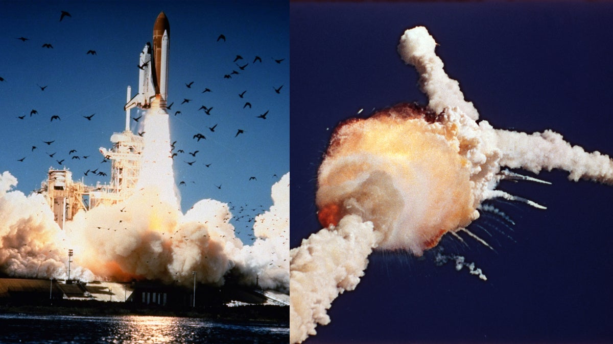  The Space Shuttle Challenger lifts off (left) and explodes shortly after over the Kennedy Space Center, Fla., Tuesday, Jan. 28, 1986.  All seven crew members died in the explosion, which was blamed on faulty o-rings in the shuttle's booster rockets. The Challenger's crew was honored with burials at Arlington National Cemetery. (Bruce Weaver/AP Photo) 