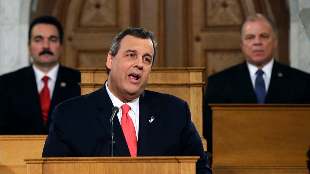  New Jersey Gov. Chris Christie will deliver a budget address to the state Legislature Tuesday.  Assembly Speaker Vincent Prieto, D-Hudson (left), and Senate President Steve  Sweeney, D-Gloucester,  say they're counting  on the governor to address the state's pension system shortfall. (Mel Evans/AP photo) 