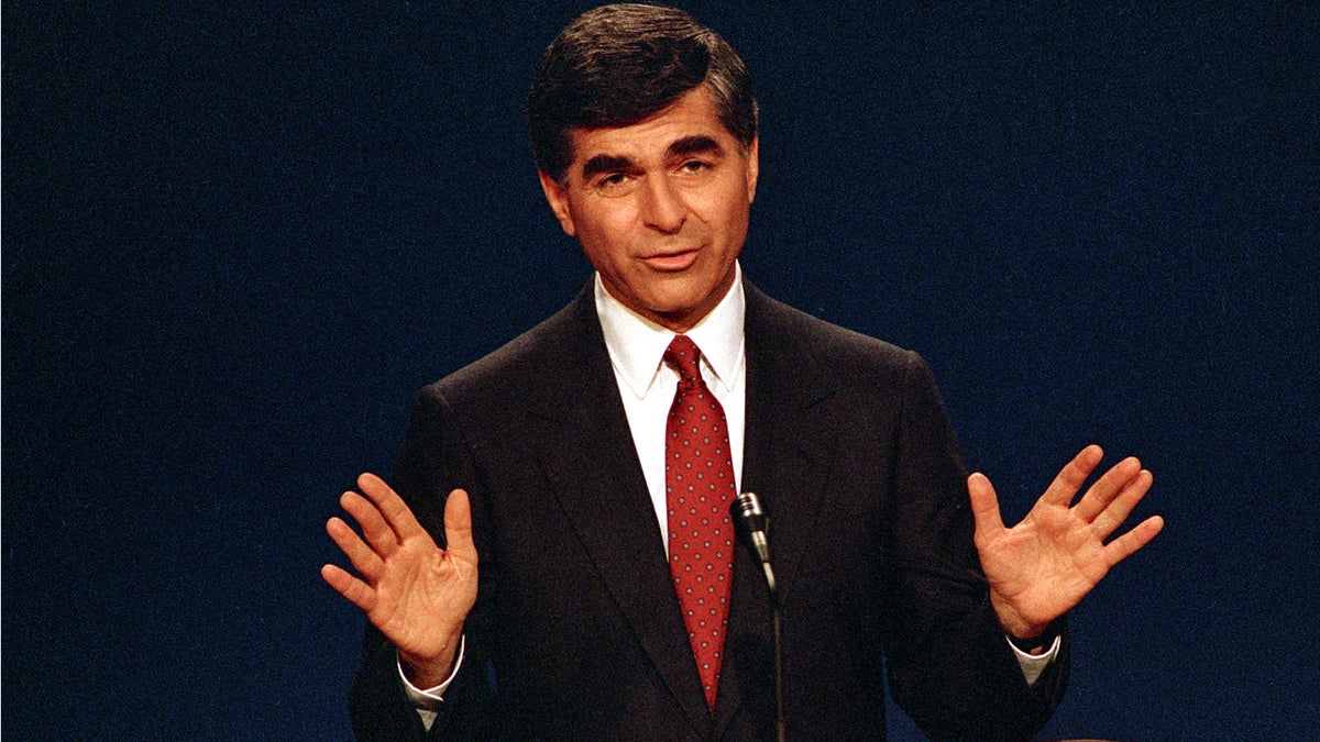 Democratic presidential candidate and Massachusetts Governor Michael Dukakis answers questions during the second presidential debate with opponent Vice President George Bush at Pauley Pavilion on the UCLA campus in Los Angeles